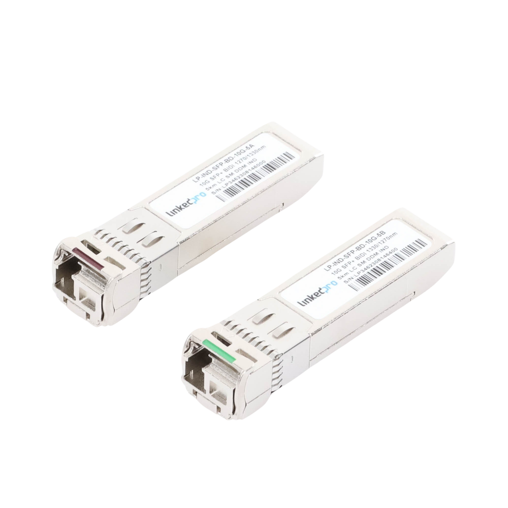 Transceptores Ópticos Industriales Bidireccionales SFP+ (Mini-Gbic) / Monomodo 1270 & 1330 nm / 10 Gbps / 10GBASE / Conector LC/UPC Simplex / DDM / Hasta 5 km / 2 Piezas