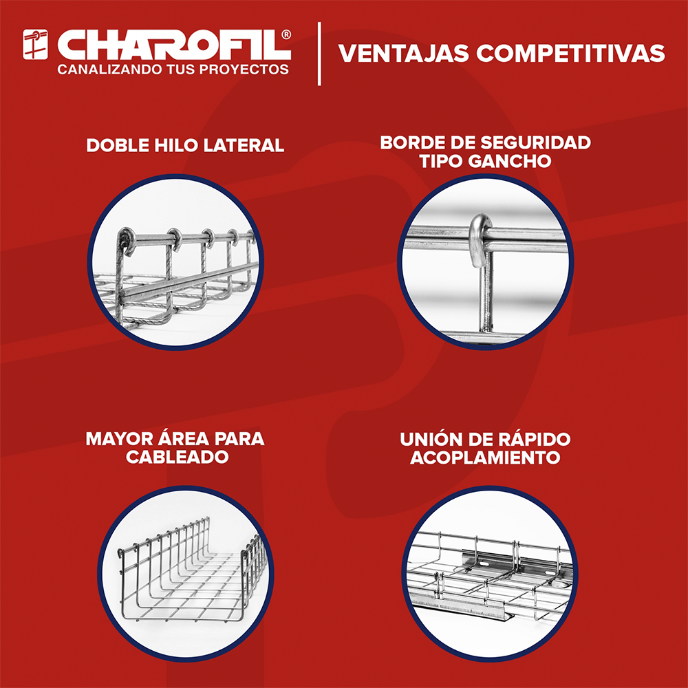 Charola Tipo Malla Línea MallaFils® 100x54 mm para hasta 77 Cables Cat6 / Uso Interior con Acabado EZ / Tramo 3 m