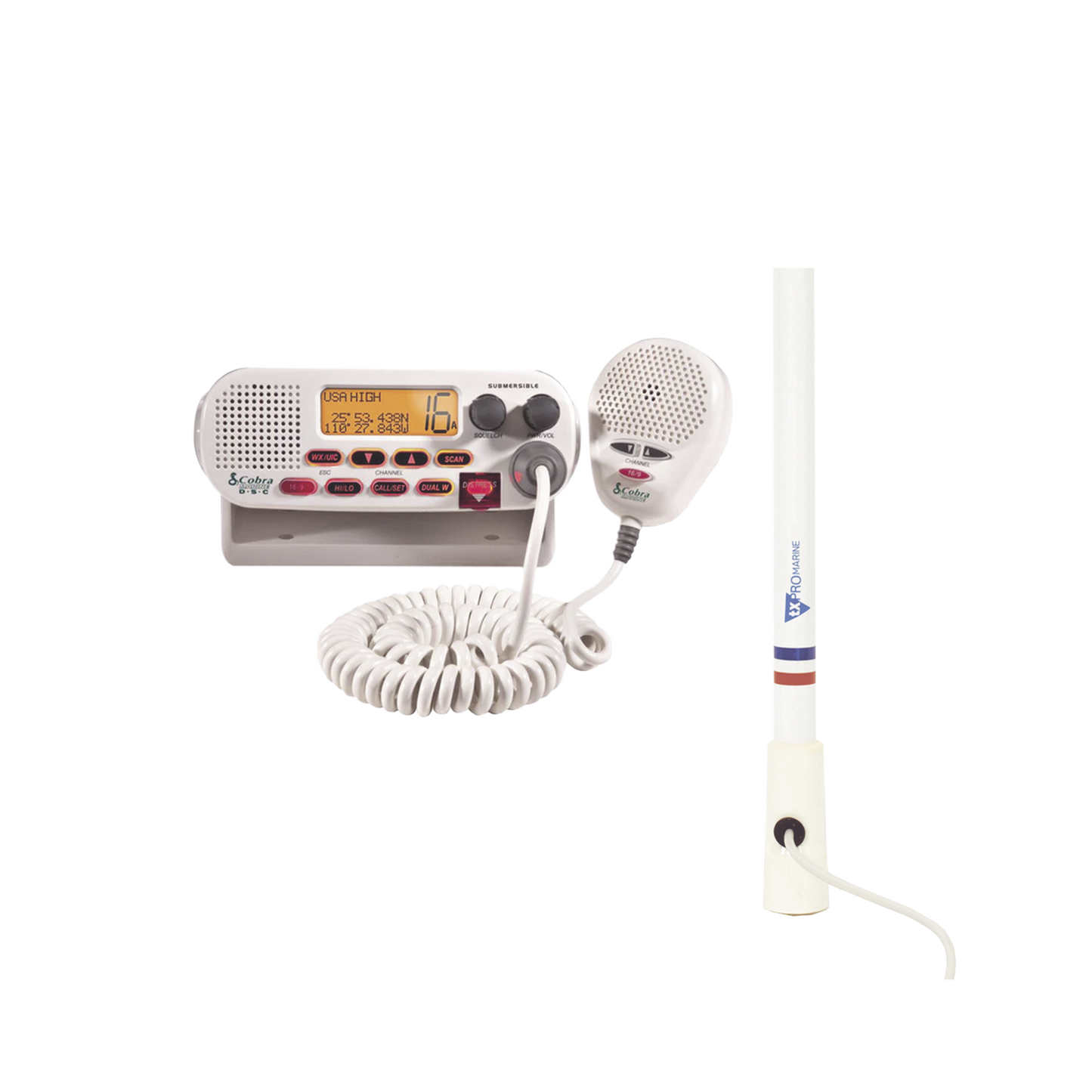 Kit de radio MRF45D | mas antena marina de fibra de vidrio TX-5206-SYS y soporte para antena 4186