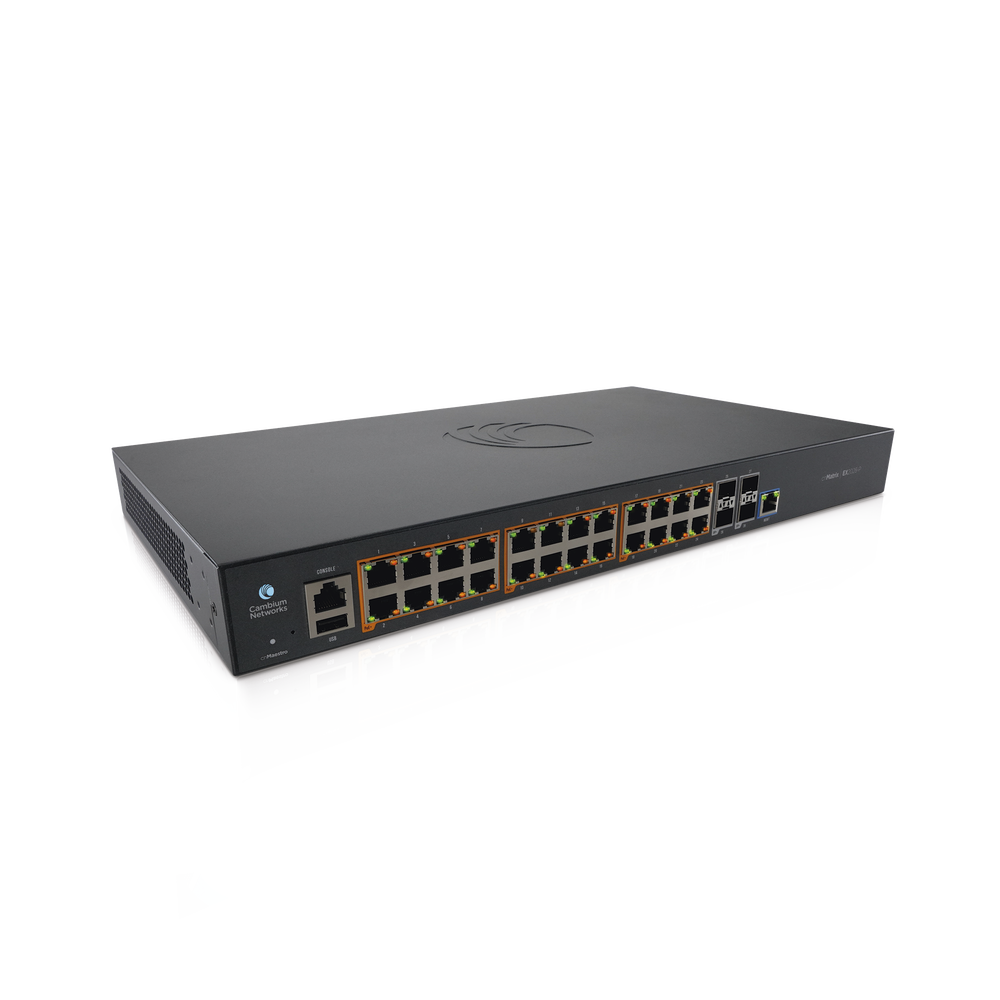 Switch cnMatrix EX2028-P capa 3 de 28 puertos (24 PoE Gigabit 802.3af/at, 4 SFP+) administración desde la Nube (MX-EX2028PxB-U)