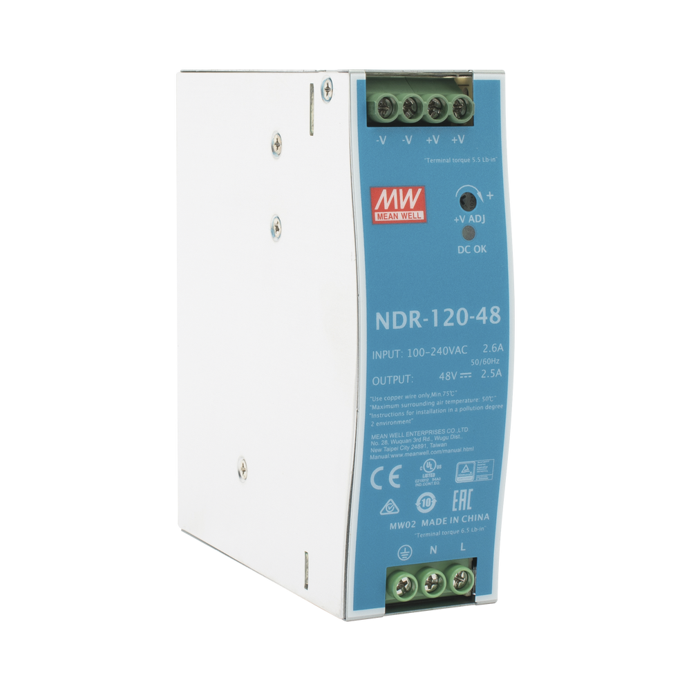 Fuente de poder industrial de 120 W, salida 48 Vcc, entrada 90~264 VCA, para montaje en riel DIN,