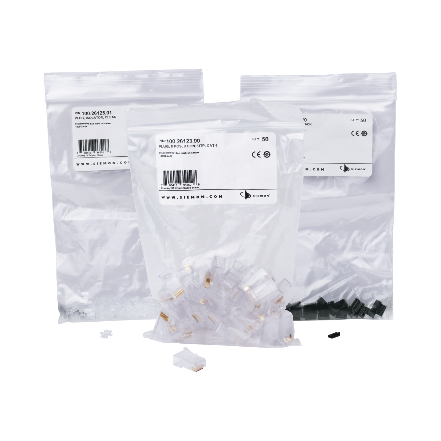 Plug RJ45 Cat6, Para Cable UTP Calibre 23 a 26 AWG, Chapado en Oro de 50 micras, Bolsa con 50 piezas