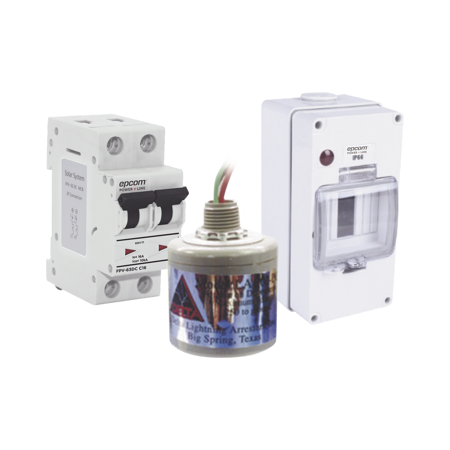 Kit de Centro de Carga Para Corriente Directa, Breaker de hasta 800 Vcc de 16 A con Supresor de Descargas Atmosféricas.