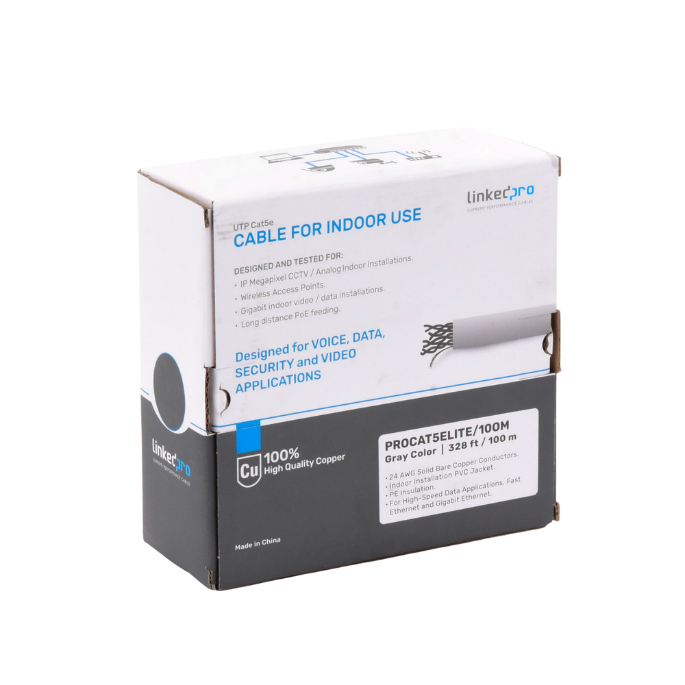 Bobina de Cable de 100 Metros (328.08 Pies), Cat5e, 24 AWG, Color Gris, UL, para Aplicaciones en Videovigilancia, Redes de Datos. Uso Interior