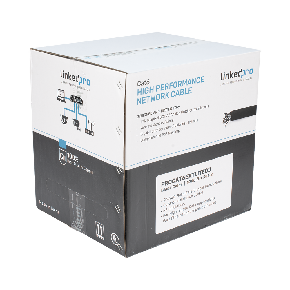 Bobina de Cable UTP 305 Metros (1000 Pies), Cat6 con Doble Forro, para Exterior, Climas Extremos, Color Negro