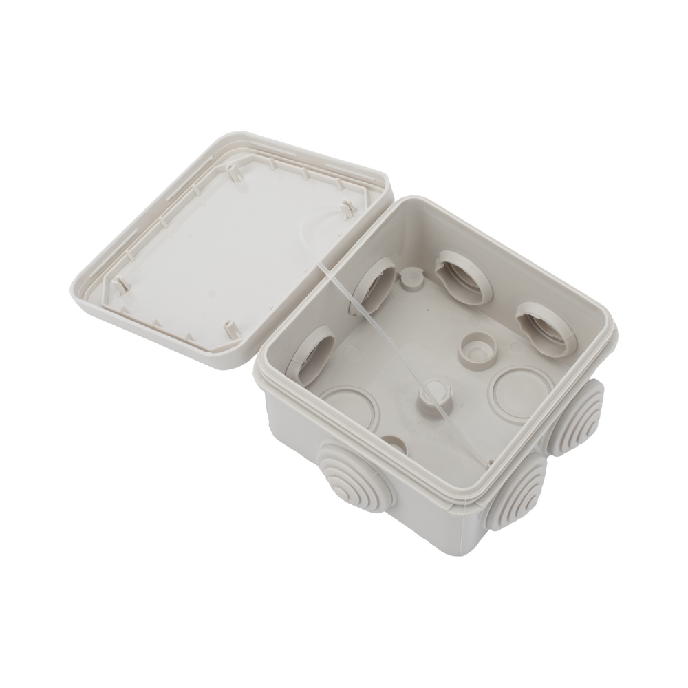 Caja Estanca, Derivación, Conexión de Plástico (89 X 89 X 50 mm) con 7 Glándulas de Goma. Para Instalaciones Comerciales, Residenciales e Industriales. Cerrado a Presión.