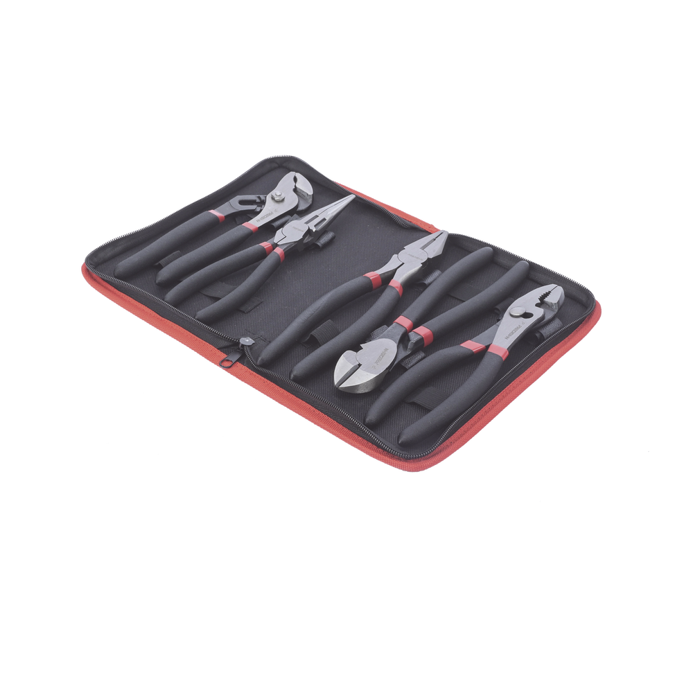 Juego de 5 Pinzas de 8" con Estuche. Incluye: P. Mecánica, P. para Tubo, P. Eléctrica, P. Corte, Nariz Larga.