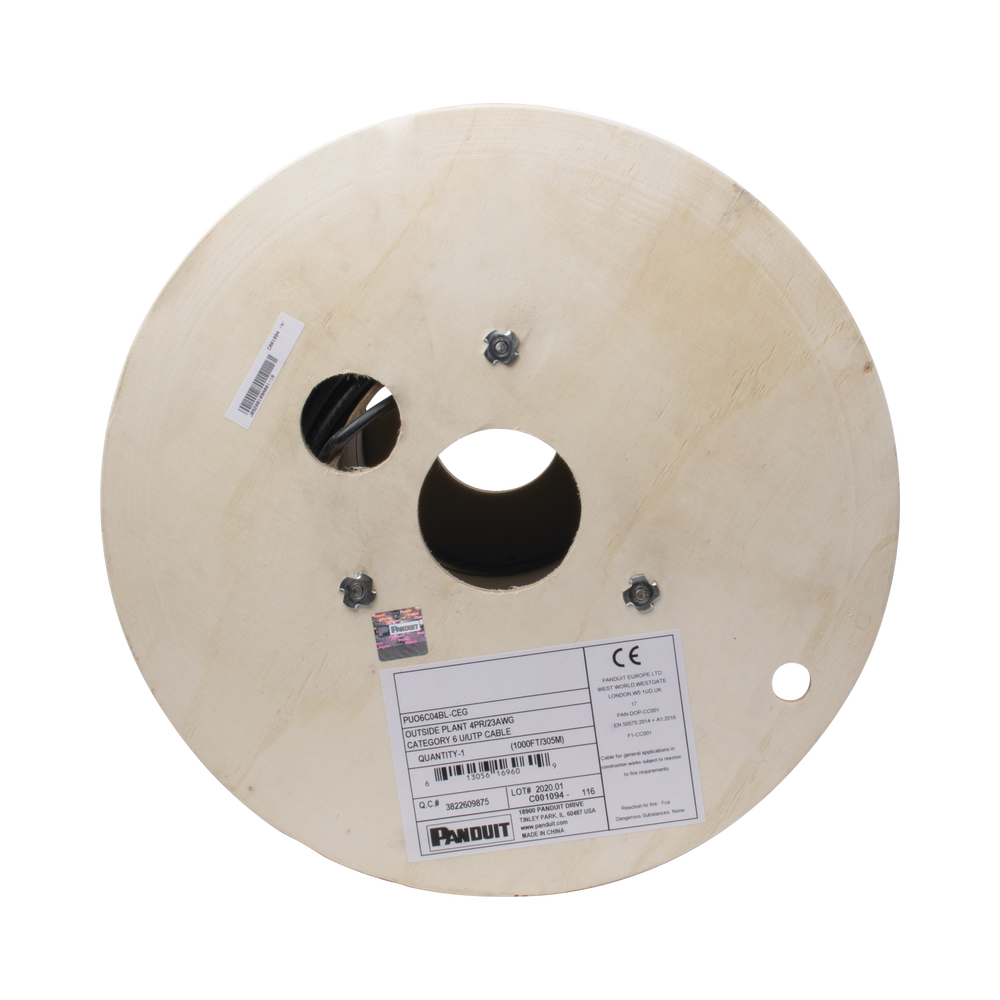 Bobina de Cable UTP de 4 Pares, PanNet, Para Exterior con Gel, Cat6 (23 AWG), Industrial para Climas Extremos, Color Negro, 305 Metros (1000 Pies)