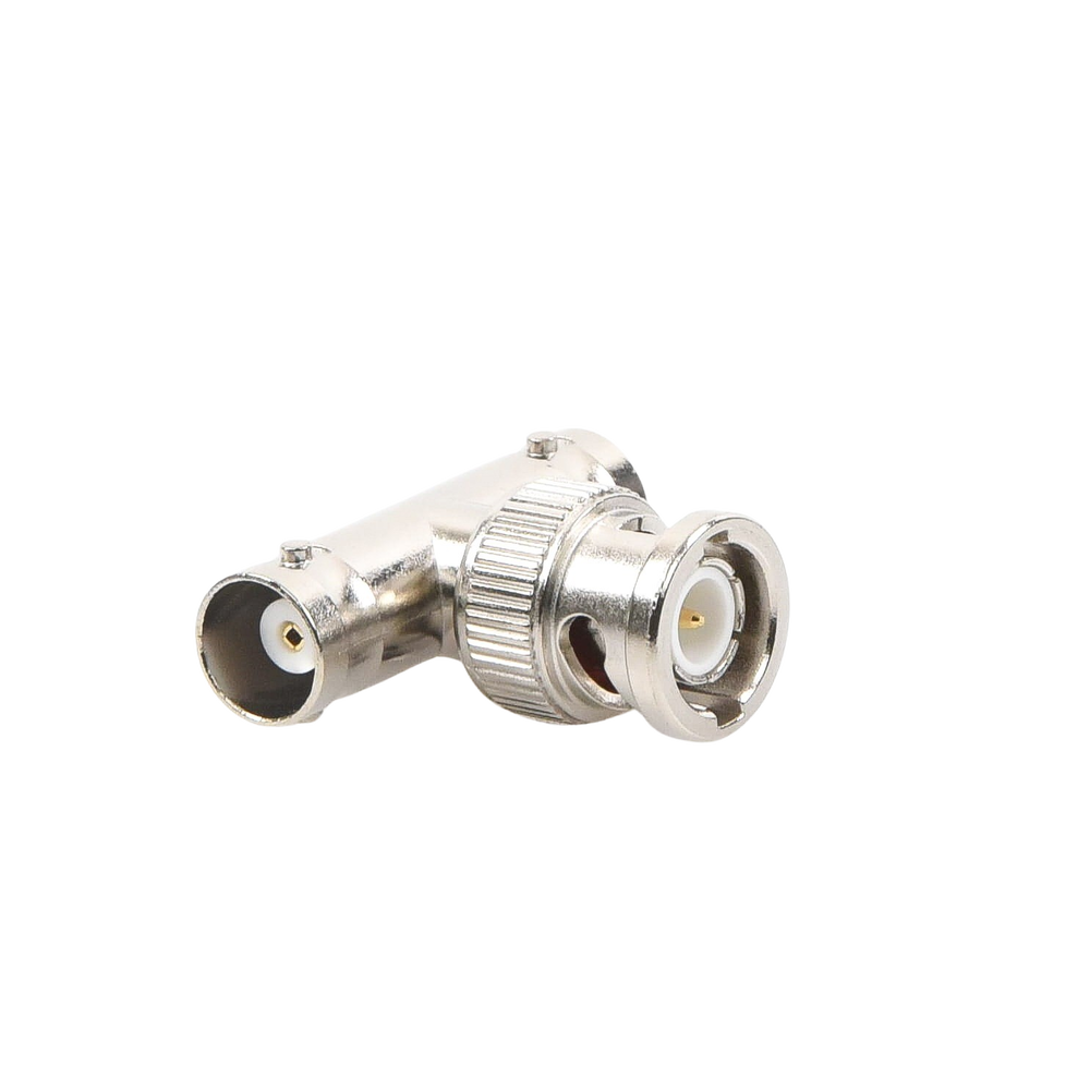 Adaptador en T para 50 Ohm de BNC Macho a Doble BNC Hembra, Troquelado, Níquel/ Oro/ Delrin.