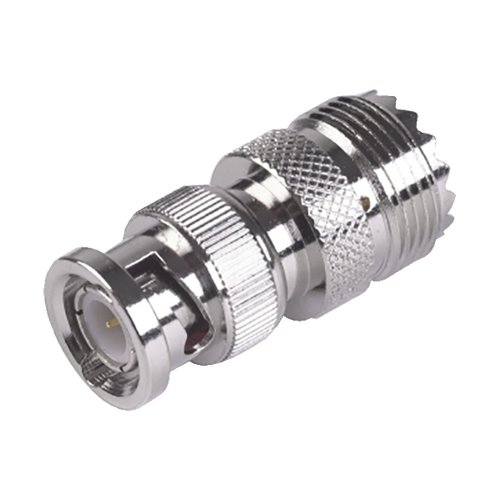 Adaptador en Linea para 50 Ohm, Conector BNC Macho-UHF Hembra (SO-239), Níquel/ Oro/ Delrin.