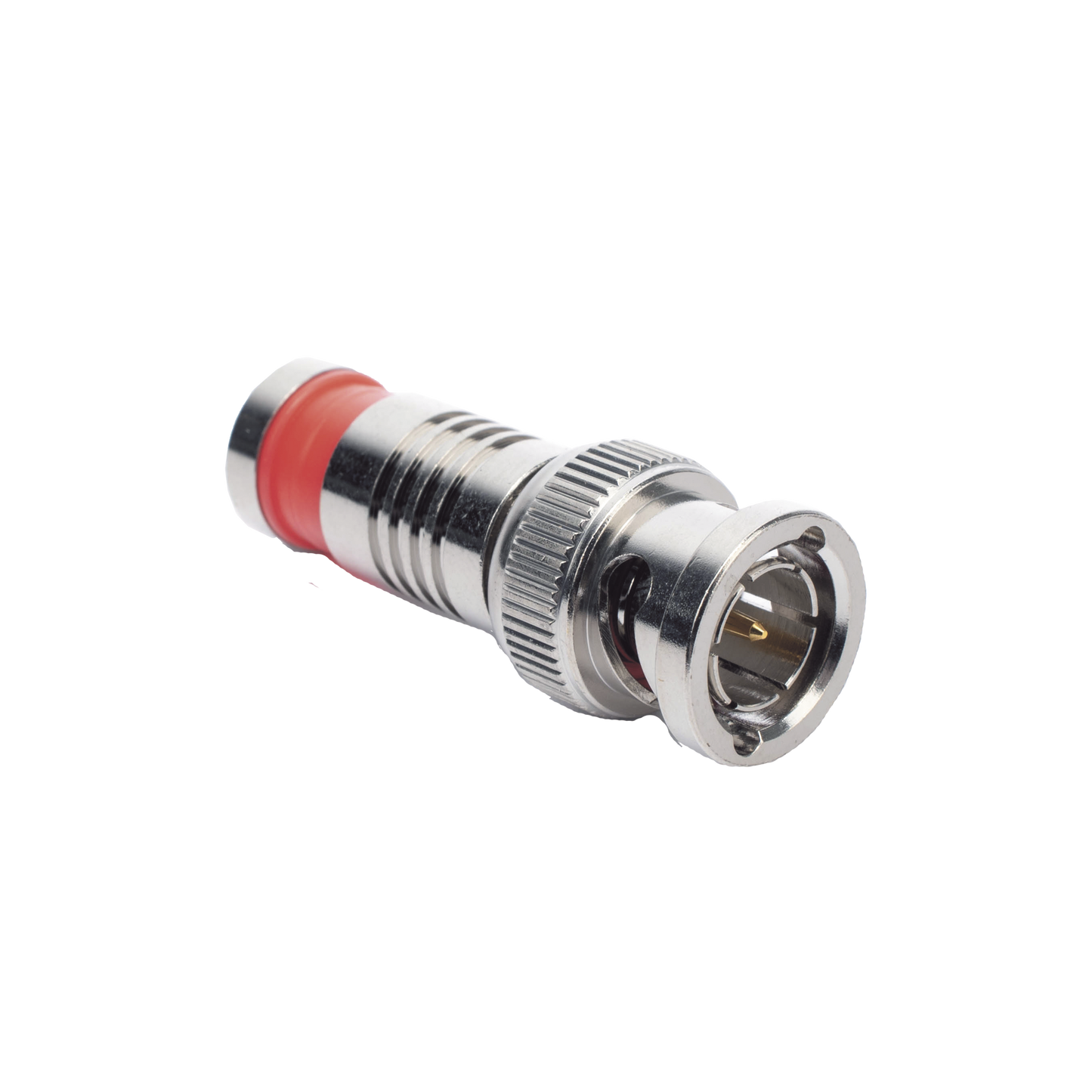 Conector BNC Macho en 75 Ohm, Montaje de Compresión Axial para Cable Coaxial RG-6/U, Níquel/ Oro/ Teflón.