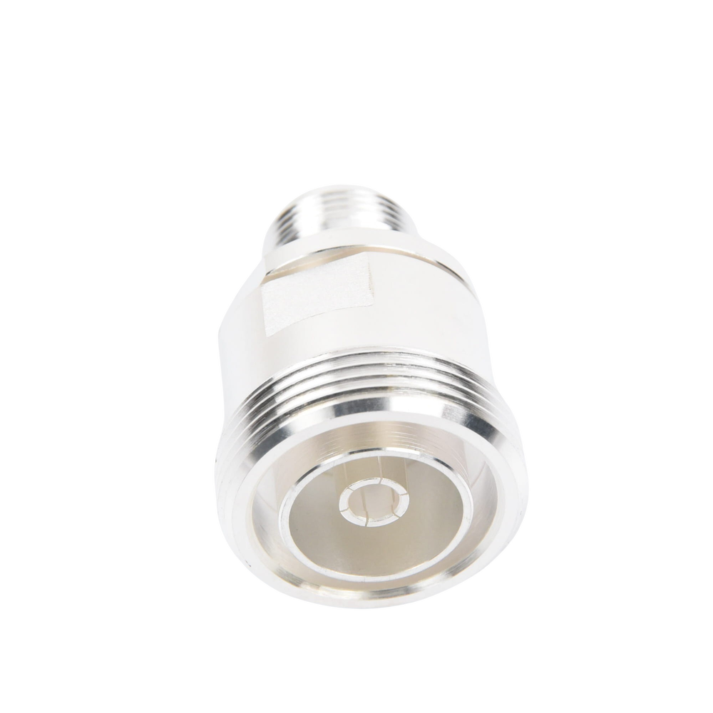 Adaptador en Línea de Conector DIN 7-16 Hembra a N Hembra, Plata / Plata / Teflón.