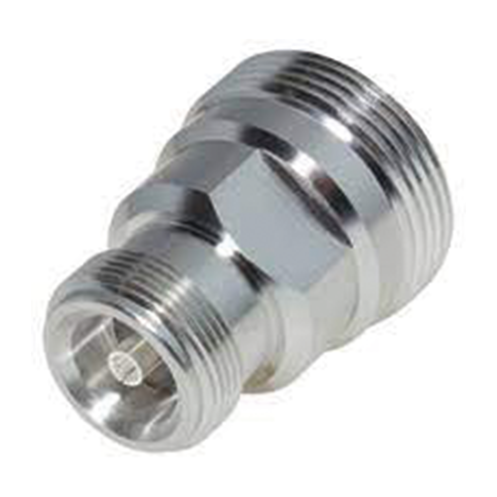 Adaptador en Línea de Conector DIN 7-16 Hembra a 4.3-10 Hembra, Bronce Blanco/ Plata/ Teflón.