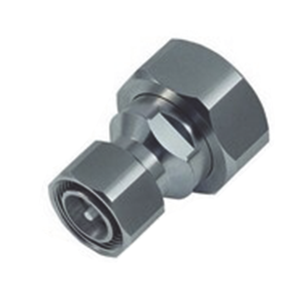 Adaptador en Línea de Conector DIN 7-16 Macho a 4.3-10 Macho, Bronce Blanco/ Plata/ Teflón.