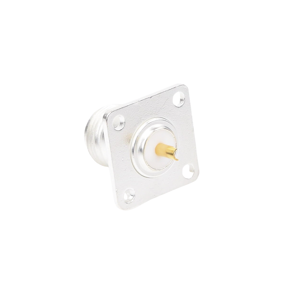Conector N Hembra para Montaje Frontal en Panel con 4 Perforaciones a 18 mm, Plata/ Oro/ Teflón.