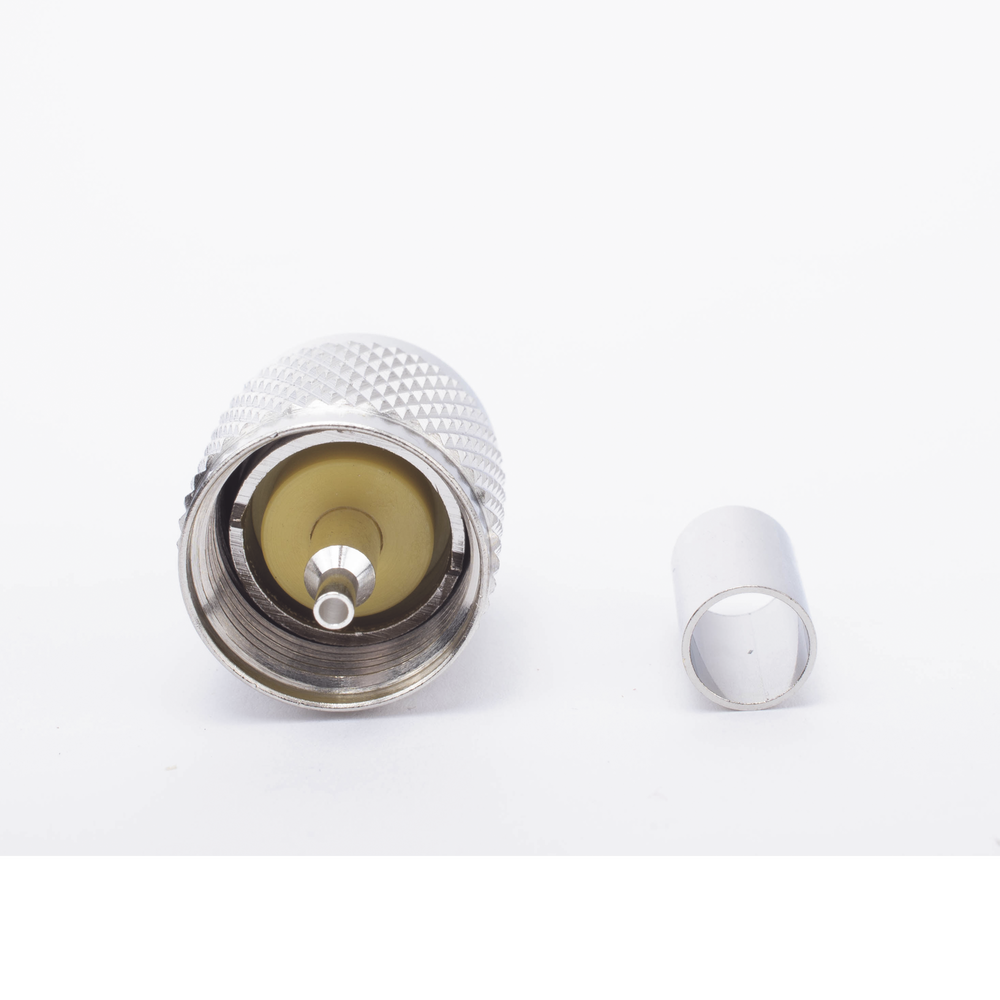 Conector UHF Macho (PL-259) de Anillo Plegable para Cable Coaxial RG-8/X, 9258, LMR-240, Níquel/ Plata/ Baquelita.
