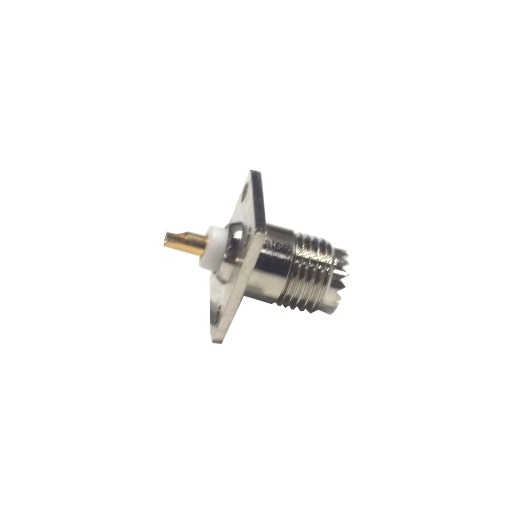 Conector Mini UHF Hembra para Montaje con 4 Perforaciones a 13 mm en Panel, Níquel/ Oro/ Teflón.