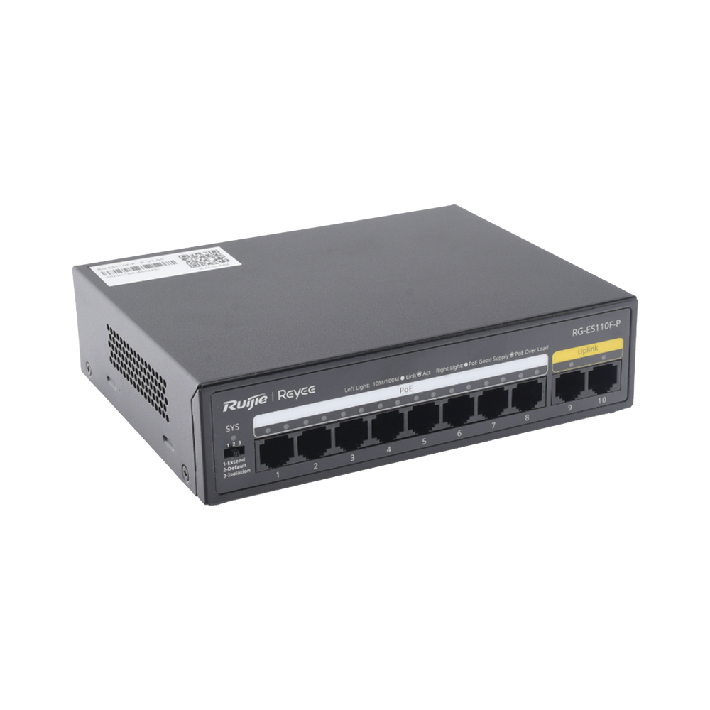 Switch PoE+ no Administrable, Hasta 110 Watts, 8 puertos PoE+ y 2 Uplinks 10/100