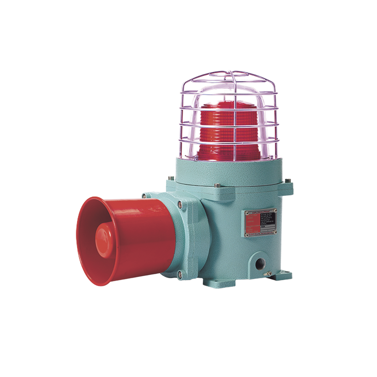 Combinación de baliza LED color Rojo con patrón fijo y flasheante con sirena electrónica, volumen máx. 120 dB para zonas peligrosas a 120 VCA