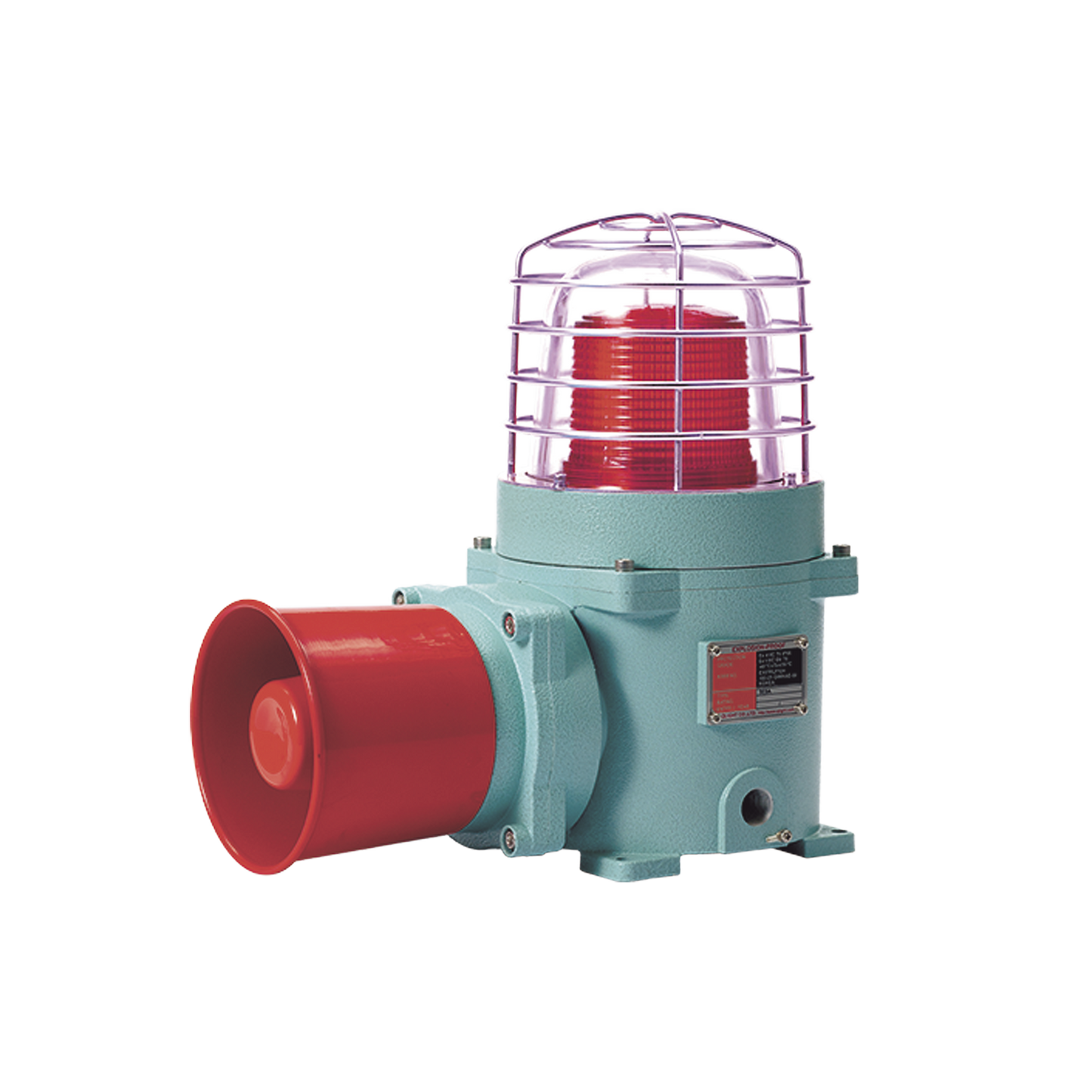 Combinación de baliza LED color Rojo con patrón fijo y flasheante con sirena electrónica, volumen máx. 120 dB para zonas peligrosas A 24 VCD