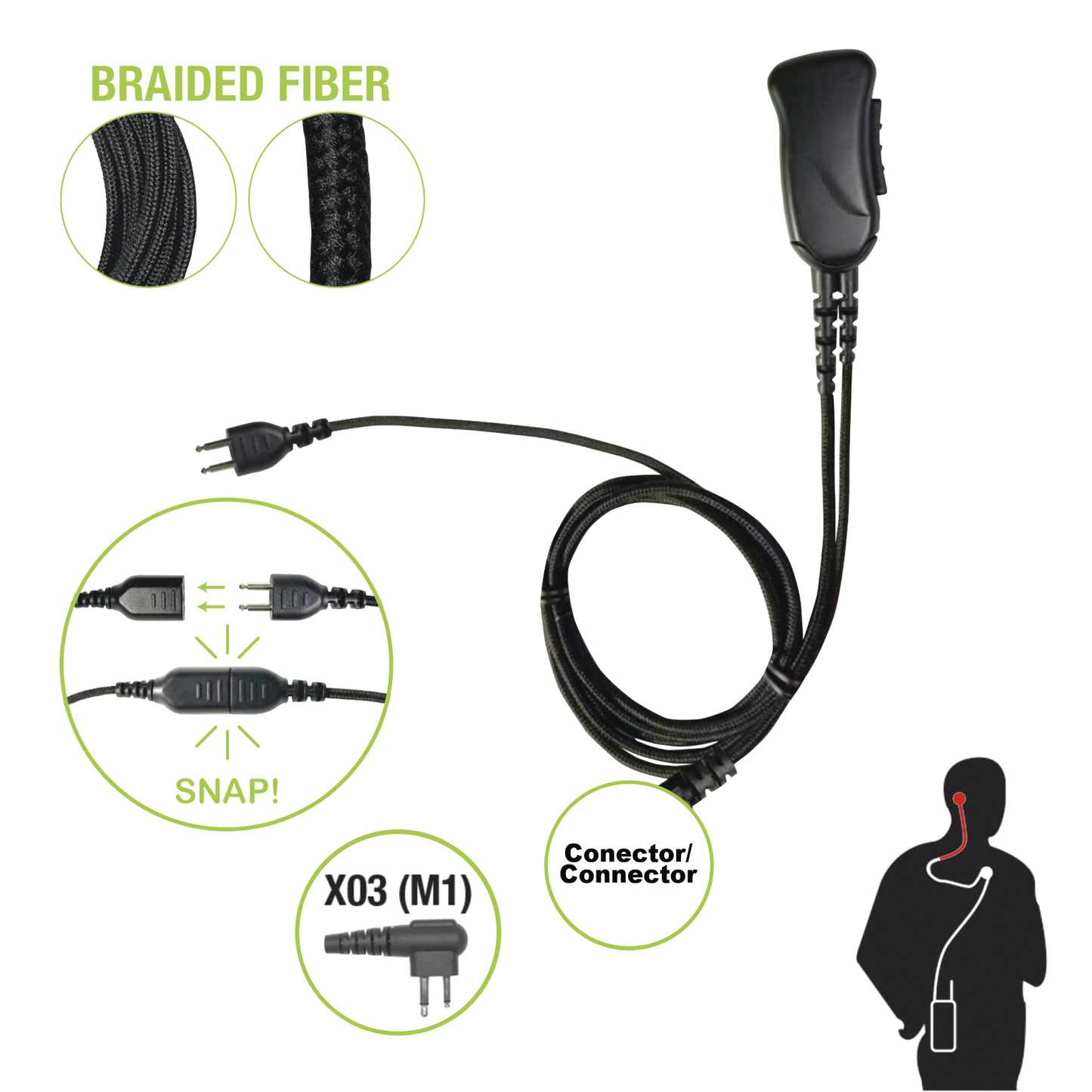 Micrófono con cable de fibra trenzada serie SNAP compatible con conector Motorola de 2 Pines.