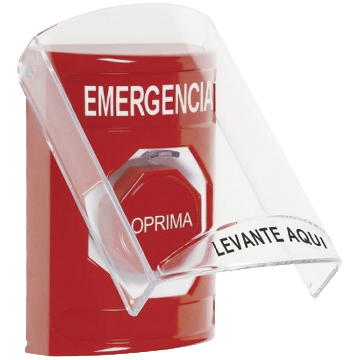?Botón Multipropósito, Color Rojo, De Superficie, Con Tapa De Policarbonato, Con Bocina Pre Alarma, Para Interior, Llave Para Restablecer, Texto De Emergencia, Español