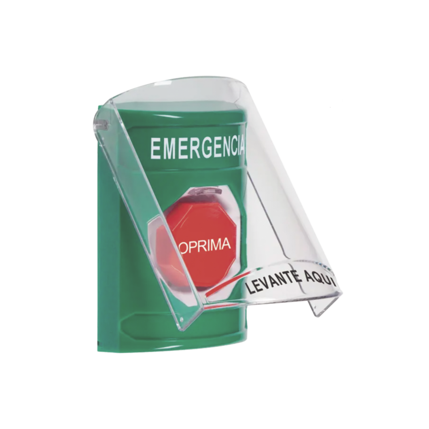Botón Multipropósito, Color Verde, De Superficie, Con Tapa De Policarbonato, Con Bocina Pre Alarma, Solo Interior, Llave Para Restablecer, Texto De Emergencia, Español