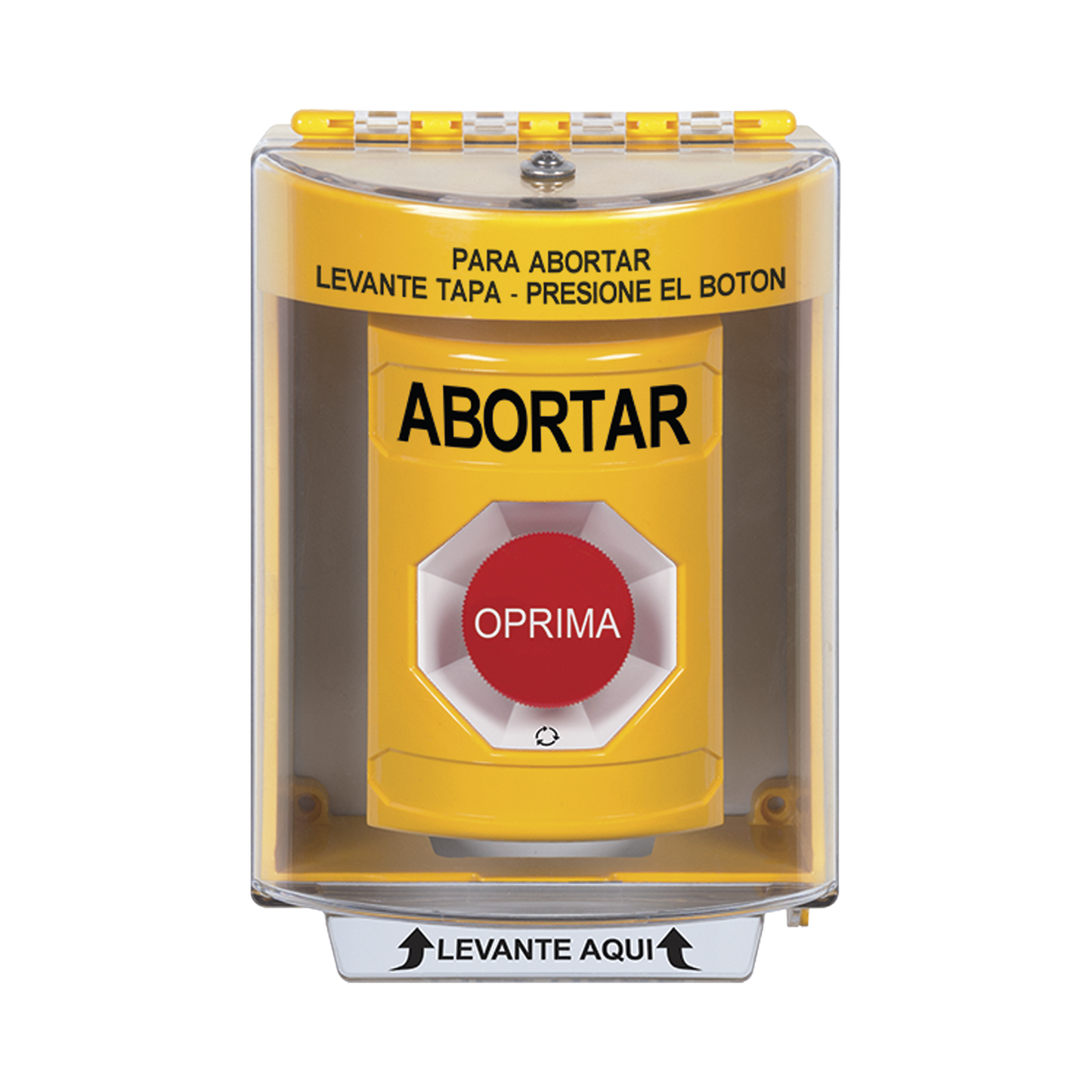 Botón de Abortar, Texto en Español, Tapa Protectora de Policarbonato Súper Resistente, Girar para restablecer