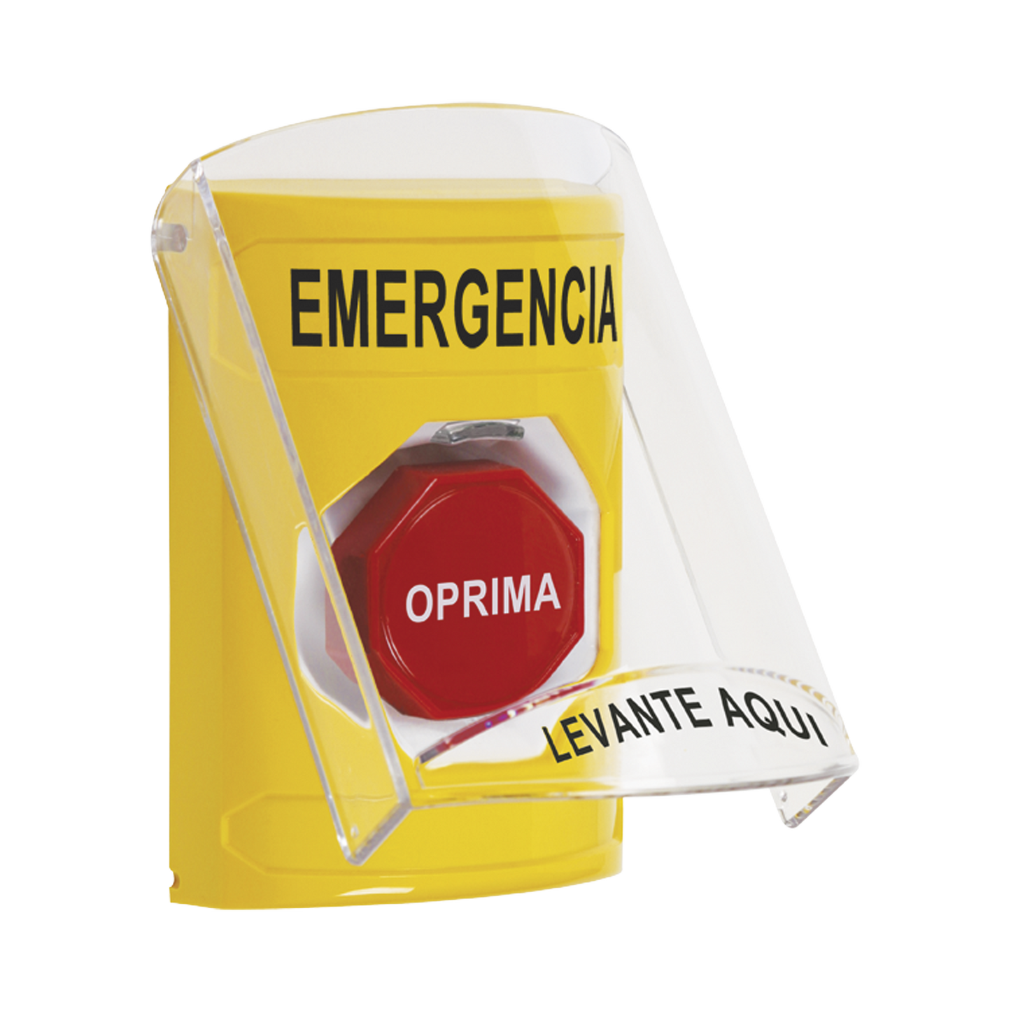 Botón Multipropósito, Color Amarillo, De Superficie, Con Tapa De Policarbonato, Con Bocina Pre Alarma, Solo Interior, Llave Para Restablecer, Texto De Emergencia, Español