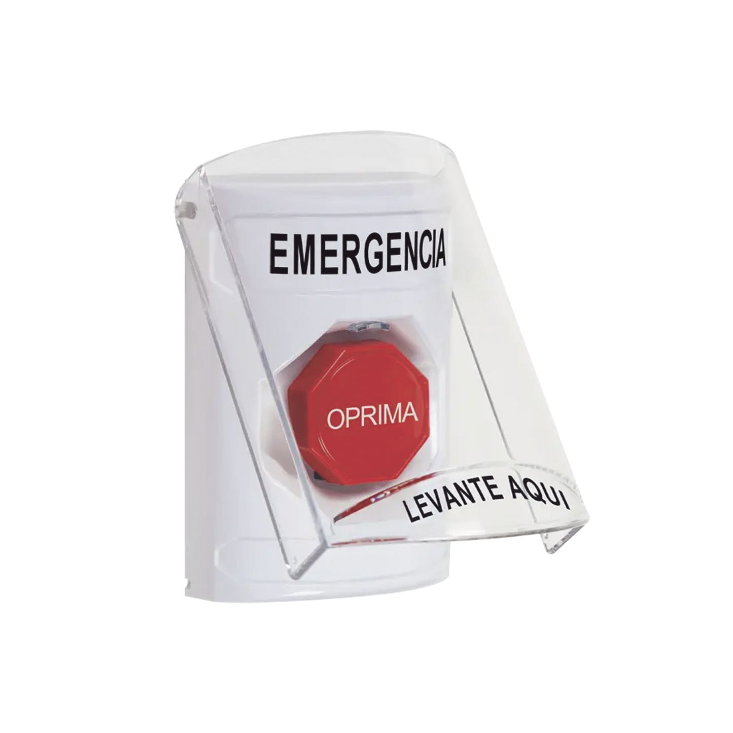 ?Botón Multipropósito, Color Blanco, De Superficie, Con Tapa De Policarbonato, Con Bocina Pre Alarma, Para Interior, Llave Para Restablecer, Texto De Emergencia, Español