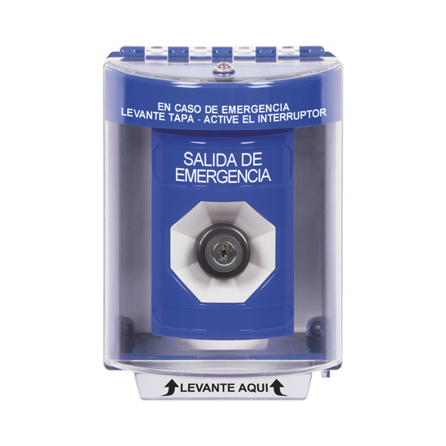 Botón de Salida de Emergencia, Texto en Español, Tapa Protectora de Policarbonato Súper Resistente, Llave para Activar
