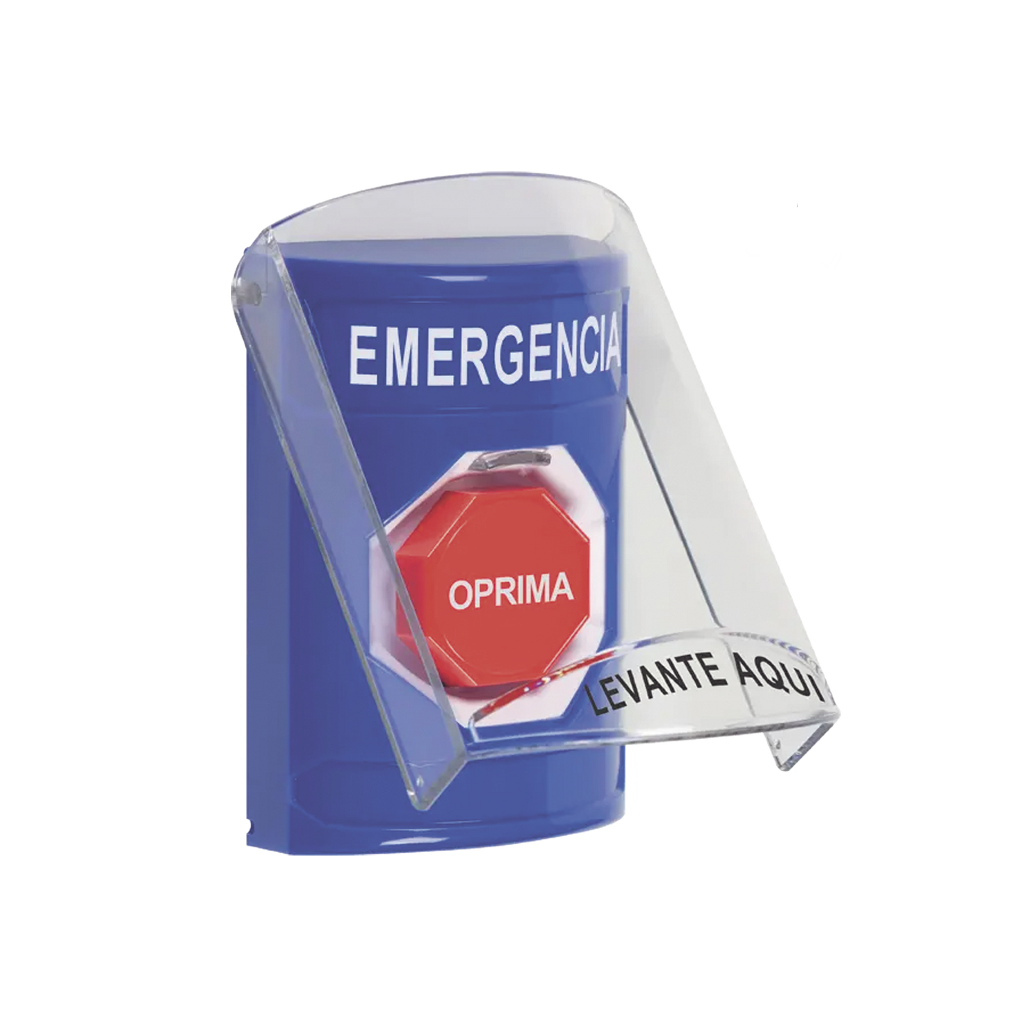 ?Botón Multipropósito, Color Azul, De Superficie, Con Tapa De Policarbonato, Con Bocina Pre Alarma, Para Interior, Llave Para Restablecer, Texto De Emergencia, Español