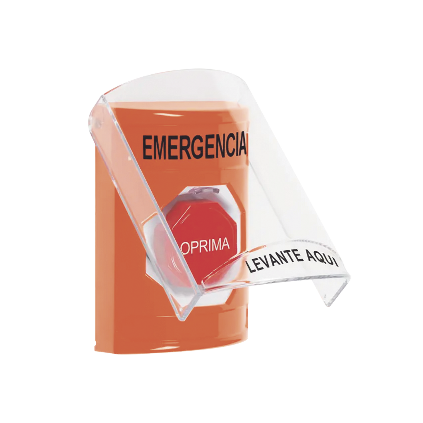 Botón Multipropósito, Color Naranja, De Superficie, Con Tapa De Policarbonato, Con Bocina Pre Alarma, Solo Interior, Llave Para Restablecer, Texto De Emergencia, Español