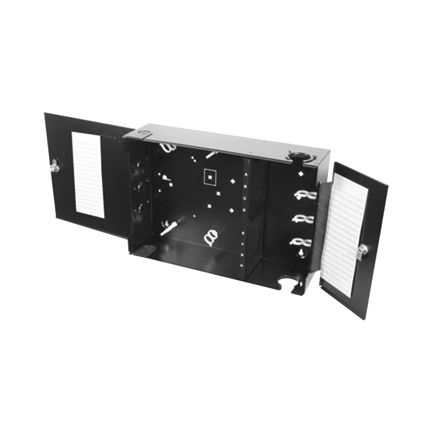 Caja de Conexión de Fibra Óptica, para Montaje en Pared, hasta 192 Puertos LC o SC (Acepta 8 Placas Acopladoras), Color Negro