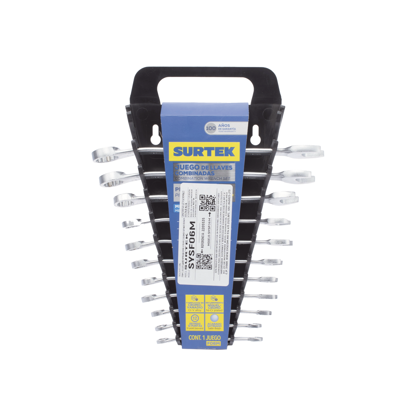 Juego de llaves combinadas en rack con 11 piezas metricas, de cromo con acabado satinado.