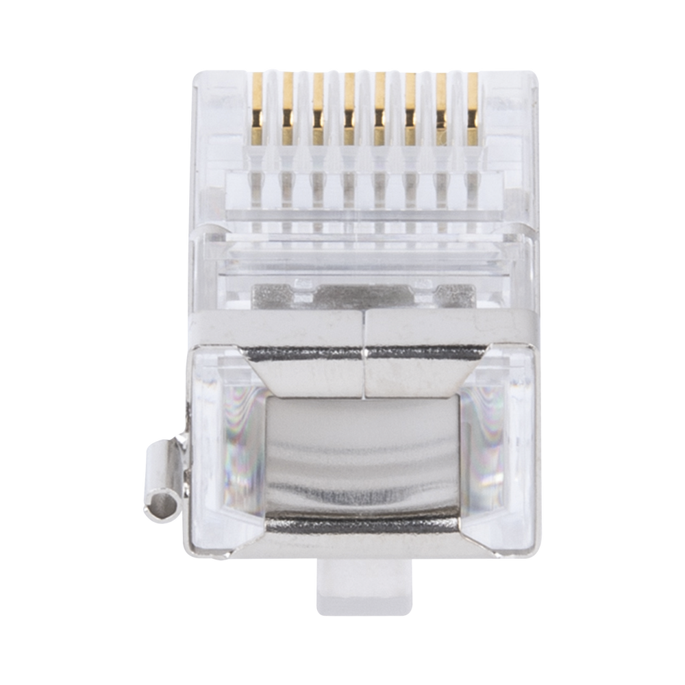 Bote con 100 Piezas de Plug Modular RJ45 Cat5e Blindado, Chapado de Oro a 30 Micras para Durabilidad Extrema con Pin de Tierra