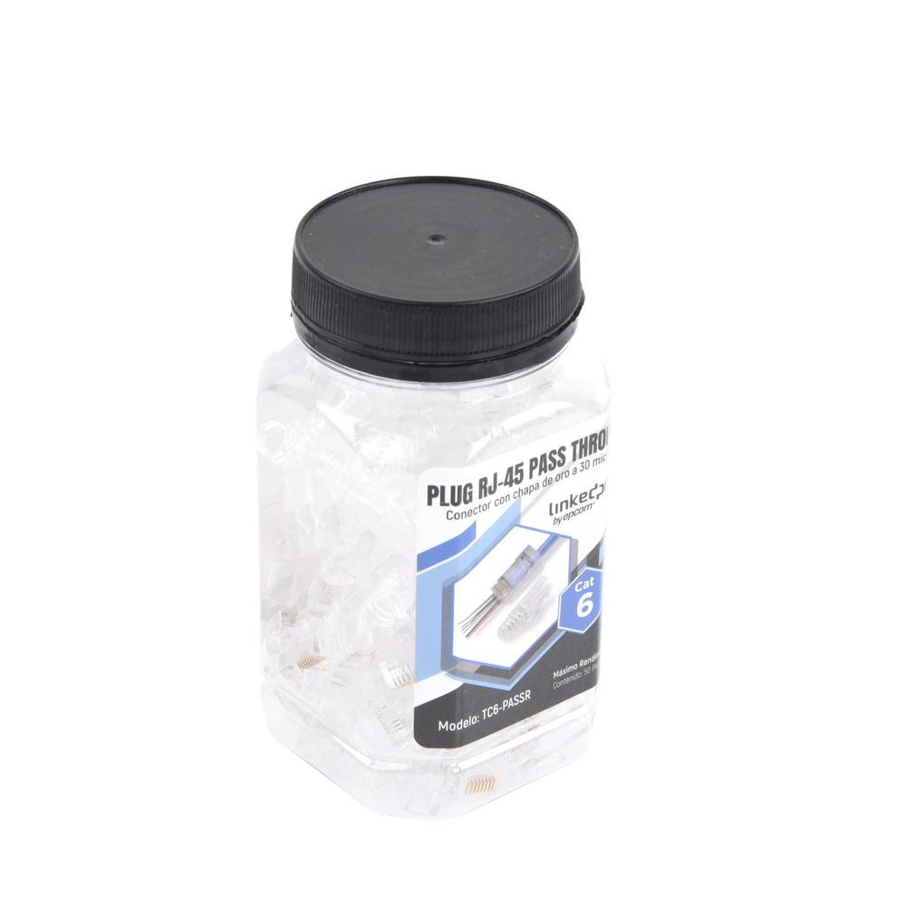 Bote con 50 Plugs Pass Through RJ45 Cat6 sin Blindaje, con Alivio de Tensión Incluido, Chapado de Oro a 30 Micras para Durabilidad Extrema