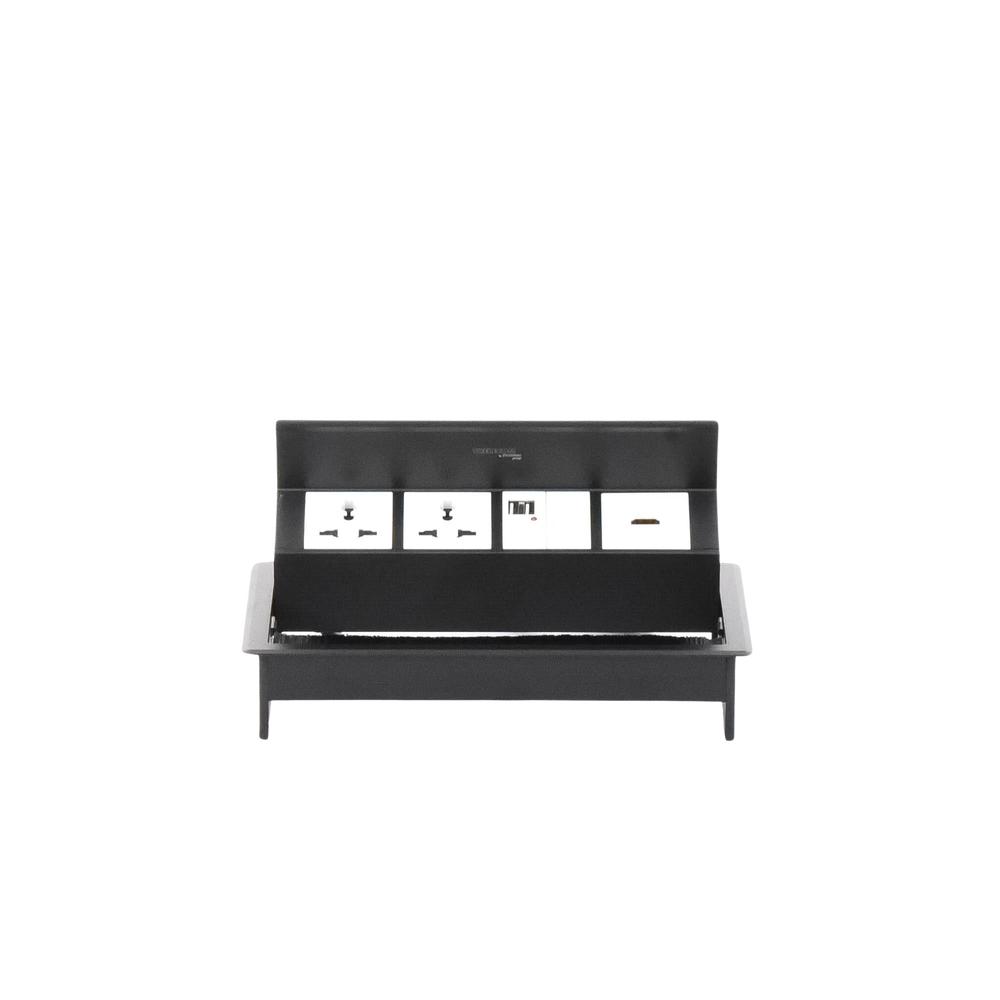 Caja Horizontal Tipo Hub para Escritorio Color Negro, con 1 Puerto HDMI Hembra-Hembra, 1 Puerto RJ45 Cat6, 2 Puertos USB (Solo Carga), y 2 Contactos Eléctricos Universales