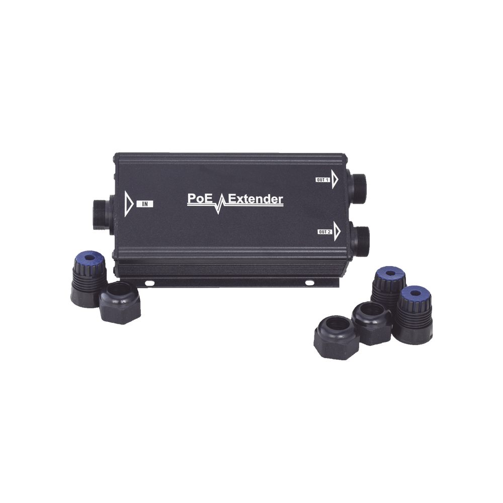 Extensor PoE/ 100 Metros / Intemperie (IP66) / 60 Watts / 1 puerto @ 2 salidas a 30 W / No requiere fuente de alimentación adicional