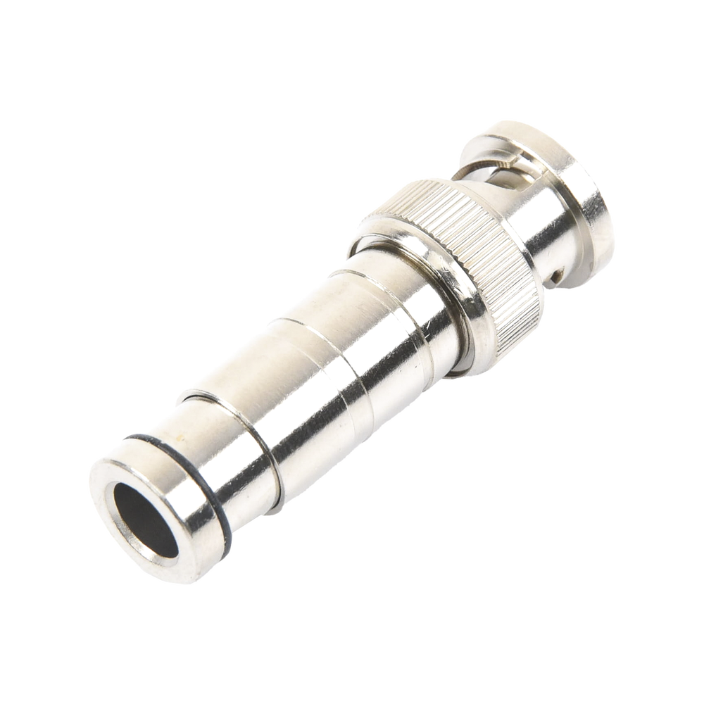 Conector BNC Macho en 75 Ohm, de Compresión Axial para Cable Coaxial RG-59/U, Níquel/ Oro/ Politetrafluoroetileno.