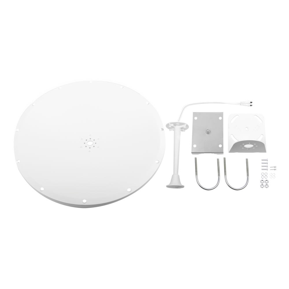Antena Direccional con Frecuencia Extendida / 4.8 - 6.5 GHz / 28 dBi / Jumper incluido con conector SMA-Macho Inverso / Polaridad en 90º y 45º / Montaje incluido para torre o mástil