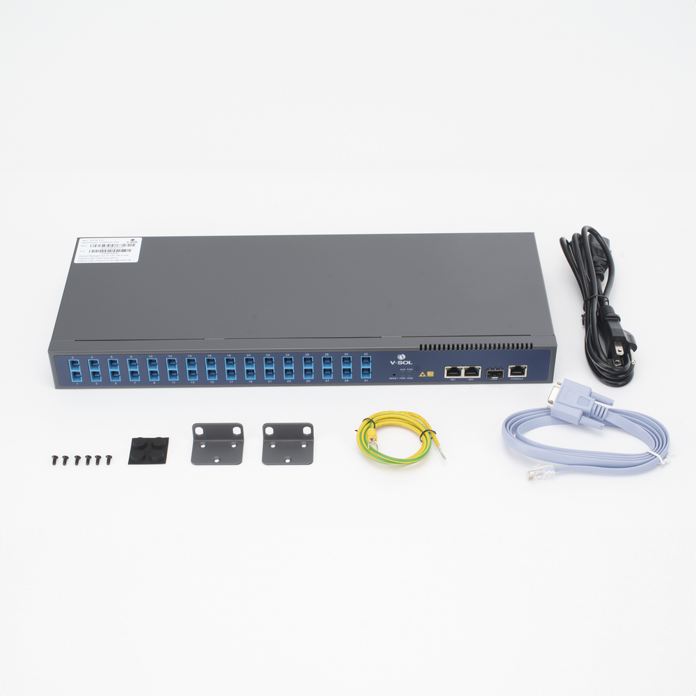 OLT de 1 GPON puerto con Splitter de 1 a 32 SC/UPC Incluido + 3 puertos Uplink (2 puertos Gigabit Ethernet + 1 puerto SFP/SFP+) , hasta 128 ONUS