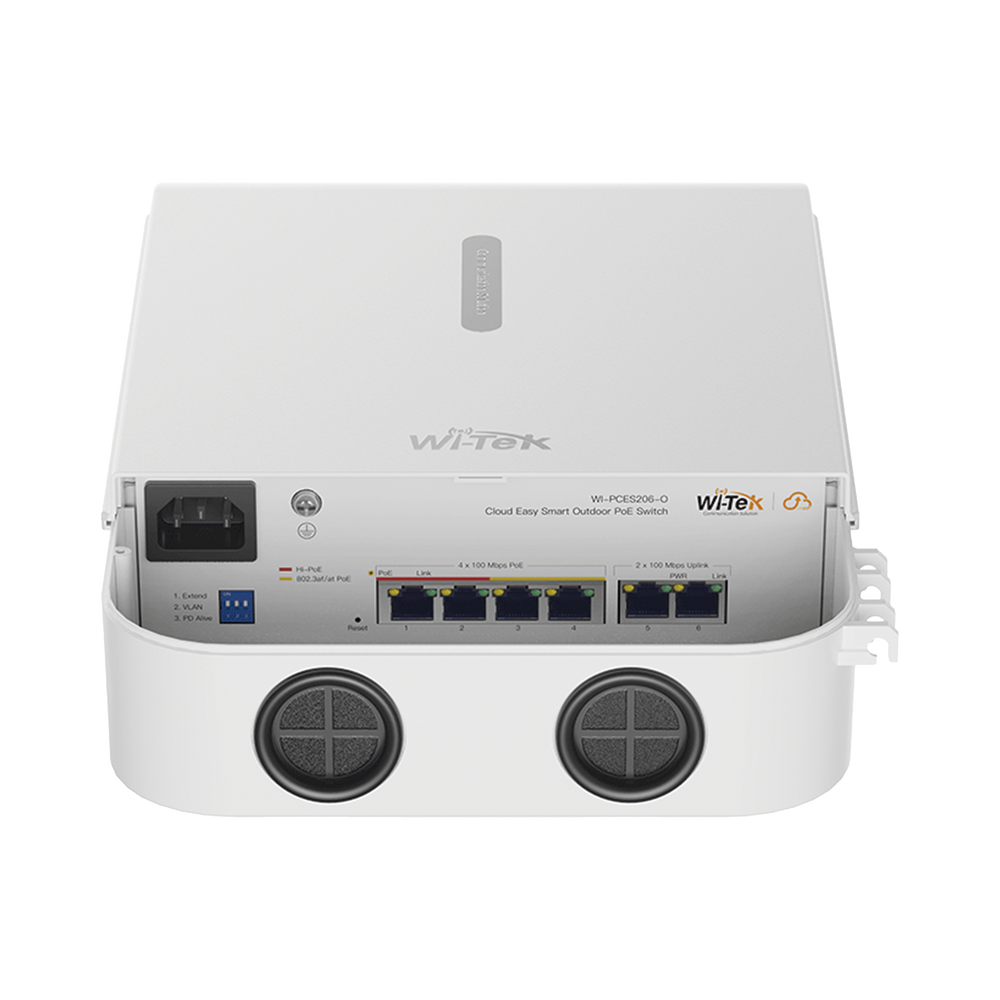 Switch PoE para exterior / Administración en la nube / Con 4 puertos 10/100 Mbsp PoE af/at / 2 Puertos Uplink 10/100 MBPS / Presupuesto 60 W / PoE hasta 250 metros / Soporta protocolo ONVIF
