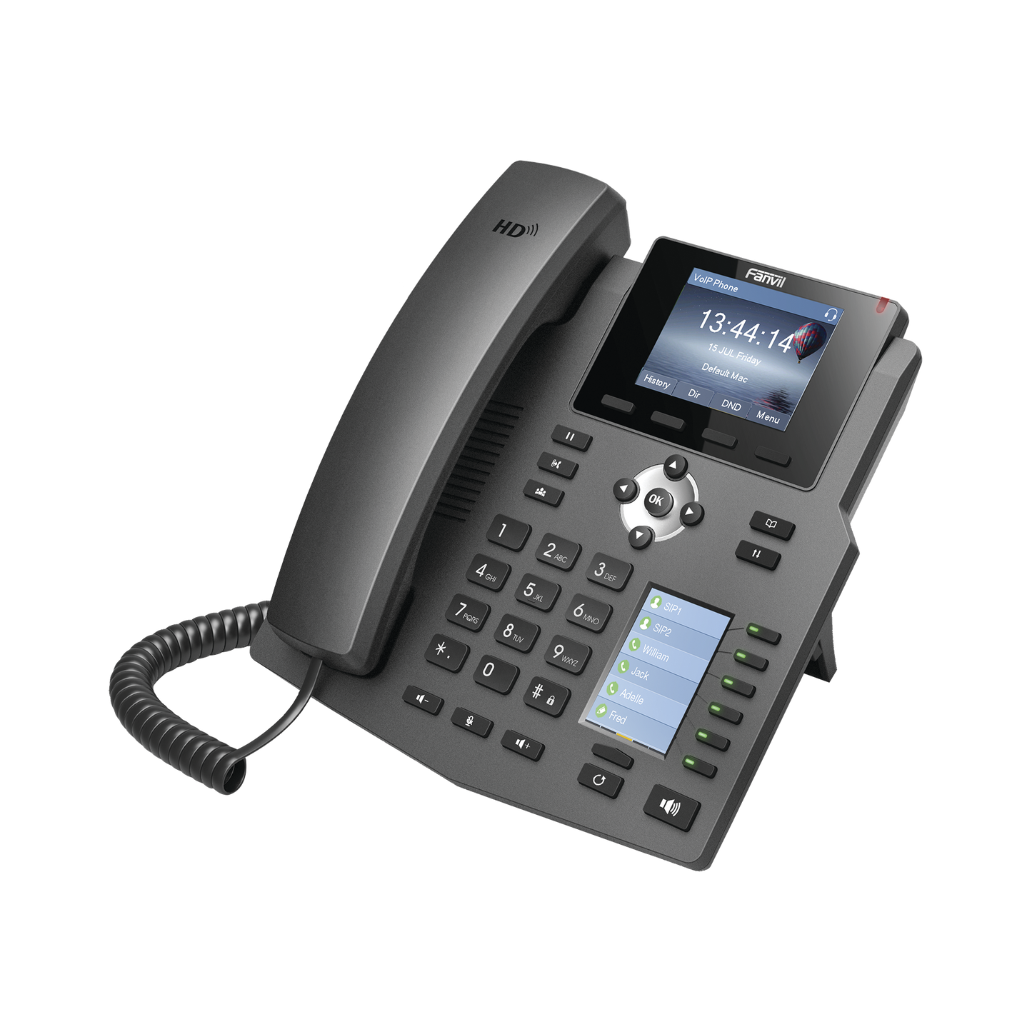 Teléfono IP empresarial para 4 líneas SIP con 2 pantallas LCD, 6 teclas BLF/DSS, conferencia de 3 vías, PoE