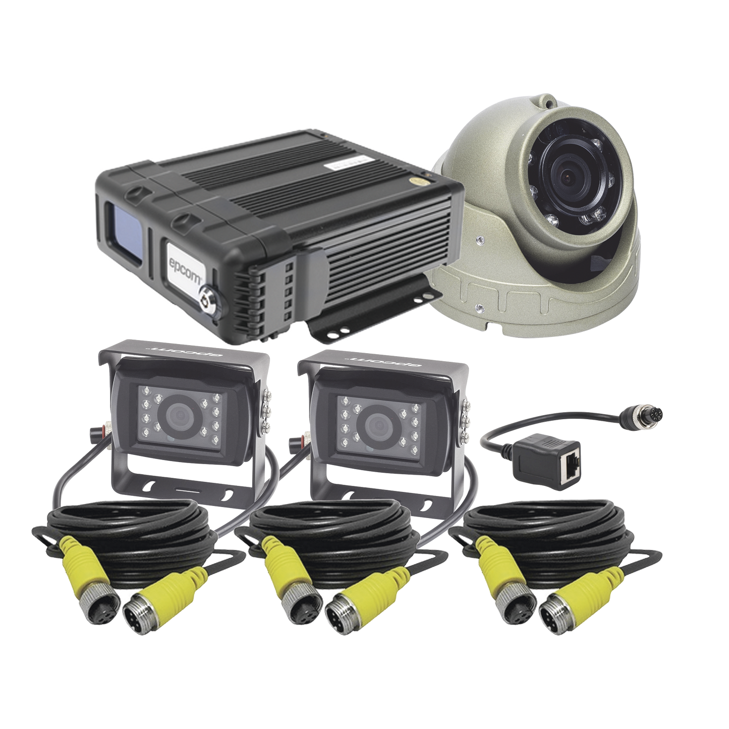 KIT DVR PARA VEHICULO / INCLUYE / CÁMARAS PARA INTERIOR / CÁMARA PARA EXTERIOR, / 2MP AHD / CABLES EXTENSORES / ADAPTADOR LAN.
