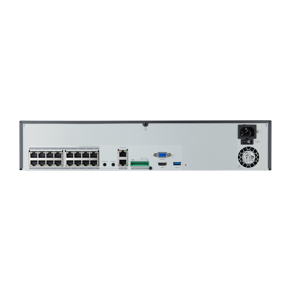 NVR de 16 canales / 32MP / Hasta 4 Discos Duros / Switch PoE+ 16 puertos / Wisenet P2P / H.265 & WiseStream