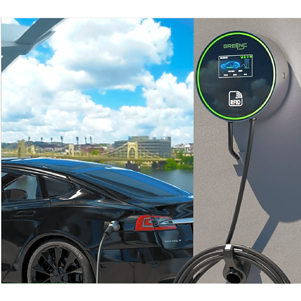 Estación de Carga para Vehículos Eléctricos / 48 A / 11.5 kW / Conector Tipo 1 (SAE J1772) / 220-250 V Monofásico / Pantalla LCD 4.3 in (10.9 cm) / Cable TPU 5 m (16.4 ft) / Plug and Play / APP Móvil / RFID / Carcasa Aluminio y UL94-V0