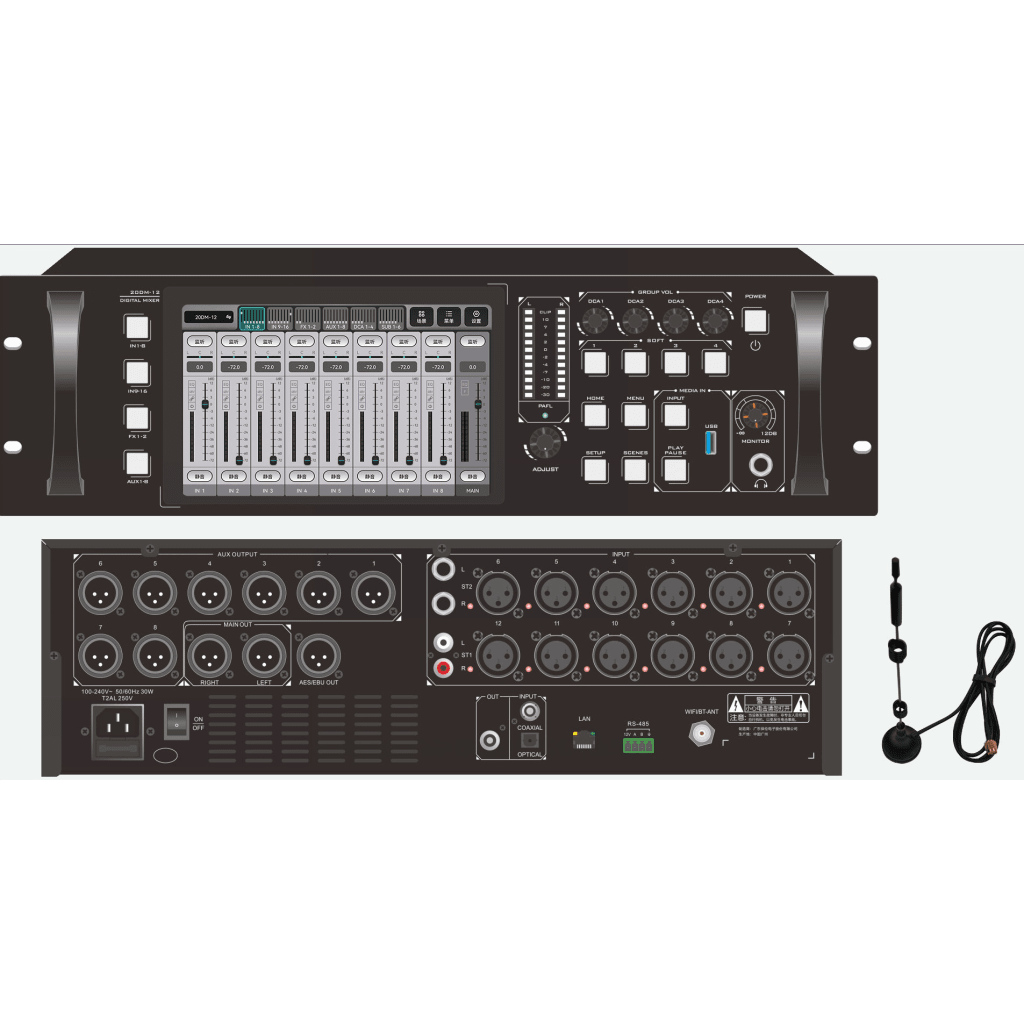 Consola de Mezcla Digital Rack 3U EP-20DM-12 | Pantalla TFT Táctil 7" 1024×600 | 12 Entradas XLR Micrófono + 2 Stereo Line | 8 Salidas AUX + Main L/R | Procesador DSP 32-bit | Bluetooth 4.2 + WiFi | USB Recording WAV/FLAC/MP3 | Ef