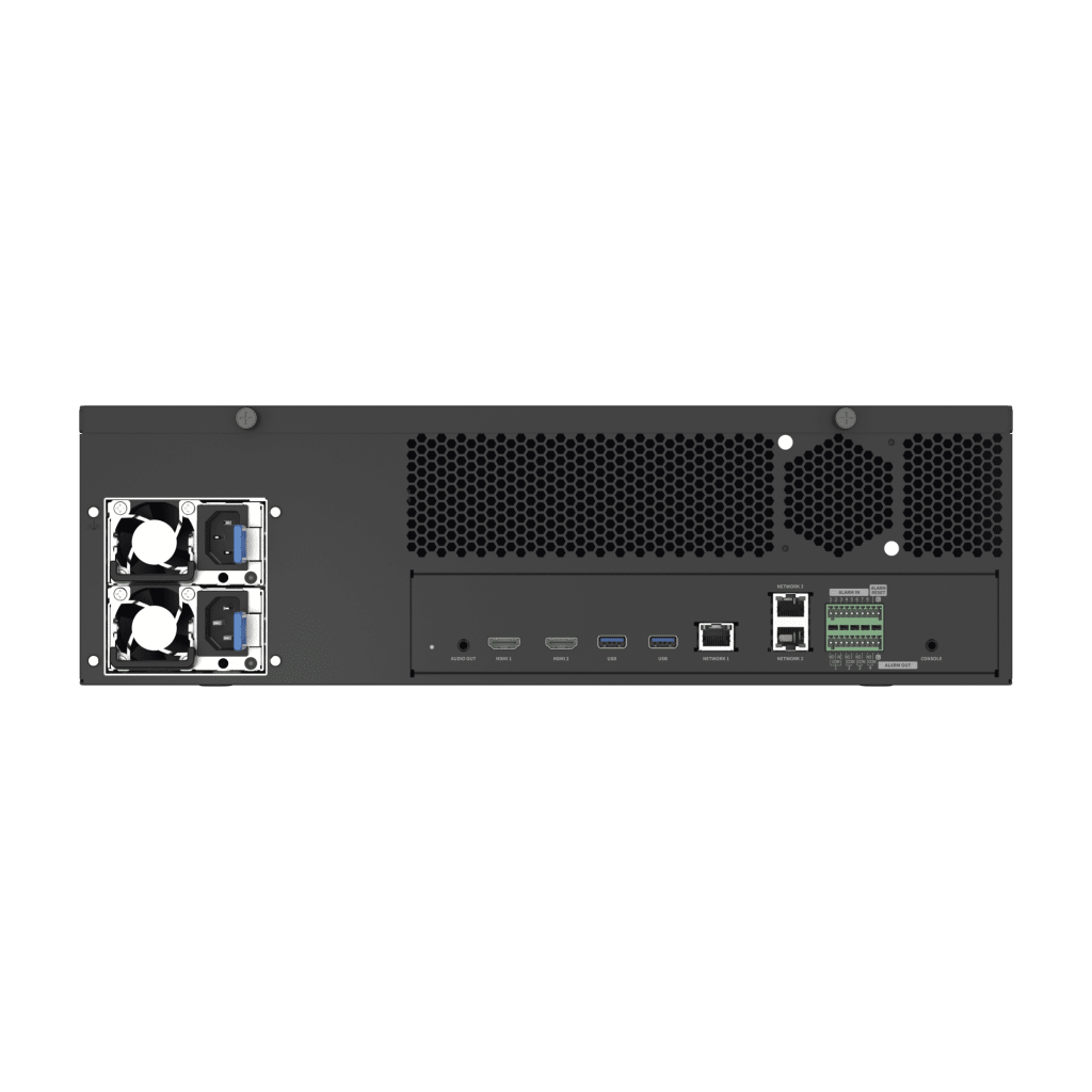 NVR de 64 canales / Soporta grabación hasta 32 MP / H.265 & Wisestream / Procesamiento 400 Mbps / 3 Puertos de Red / Raid 5-6 / 160 TB incluidos