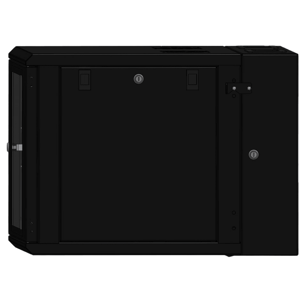 Gabinete Rackeable / 09 Unidades / Pared 19 Pulgadas / Puerta de Cristal / Acero Calibres 18-22 / Carga 80 kg / Dimensiones 634x632x468 mm (25x24.9x18.4 in) / Abatible 120° / Ventilación